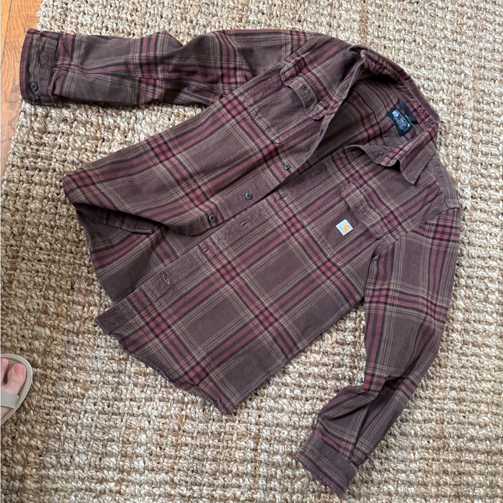 Carhartt men’s small loose fit  Brown Plaid Casual Button Down Shirt